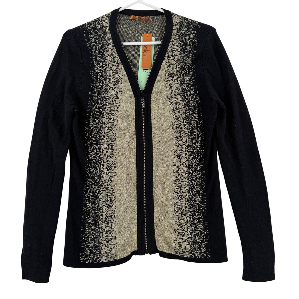 Belldini Cardigan Sweater Womens Petite Large Black Gold Full Zip Knit NWT
